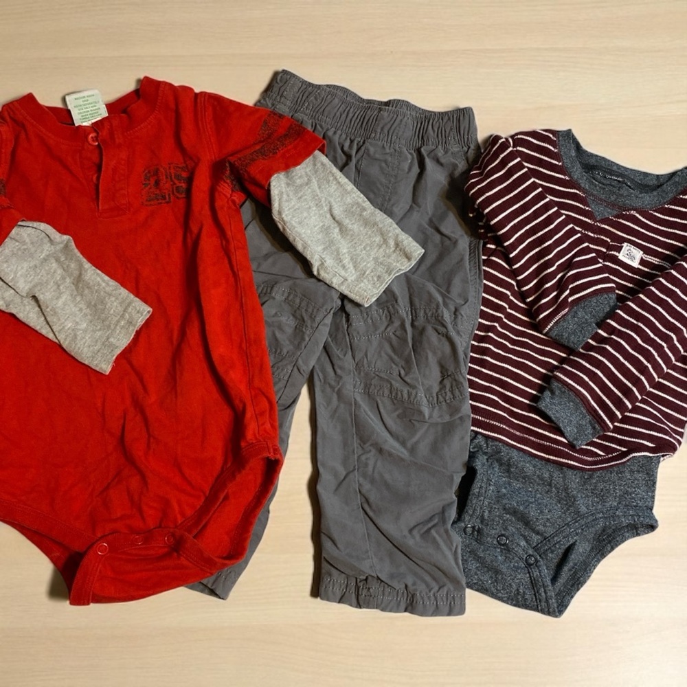 Toddler 24 months two long sleeve onsies and pair of pants red gray